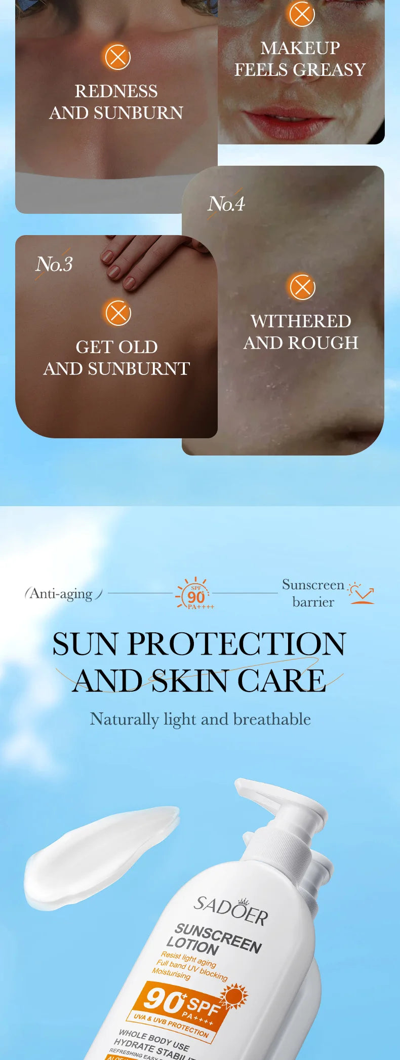 Lotion Solaire Pour Le Corps Et Le Visage, Super 220g, 50g Small Bottle Size, SPF 90 PA +++++, Utilisation Pour Tout Le Corps,