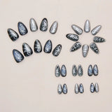 24Pcs Dark Press on Fake Nails with Black Glitter 3D Metallic Designs Sweet Cool Almond False Nails Detachable Nails Spice Girls