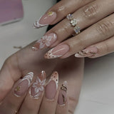 24PCS Pink Almond Press on Nails Full Cover Carved Flower 3D Ripples French Fake Nails for Women with Golden Pearl Wearable Nail