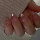 24Pcs Simple Wine Red Fake Nail with Mid-length Design Almond Press on False Nails Wearable Round Head Oval Full Cover Nail Tips