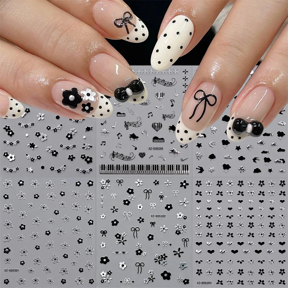 6Pcs 3D Hollow Flower Nail Stickers Black Silver Metallic Piano Key Musical Note Bowknot Adhesive Decals For Nail Art Making