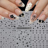 6Pcs 3D Hollow Flower Nail Stickers Black Silver Metallic Piano Key Musical Note Bowknot Adhesive Decals For Nail Art Making