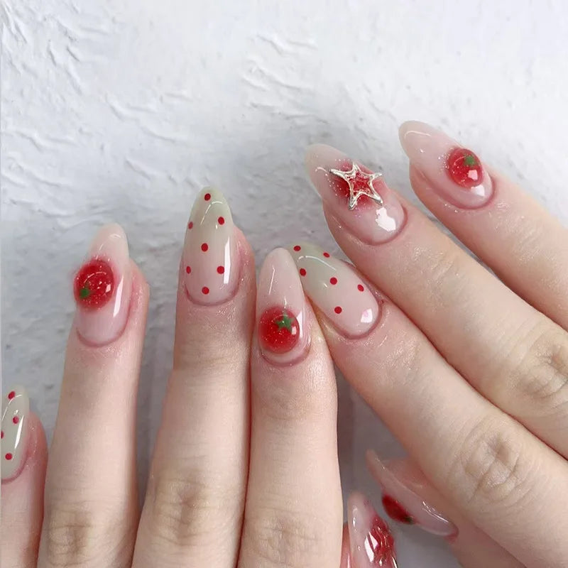 24pcs Wearable Press on Nails Strawberry Bow Design Nails Tips Red Short Almond Pearl Starlight Fake Nail Art Flower False Nails