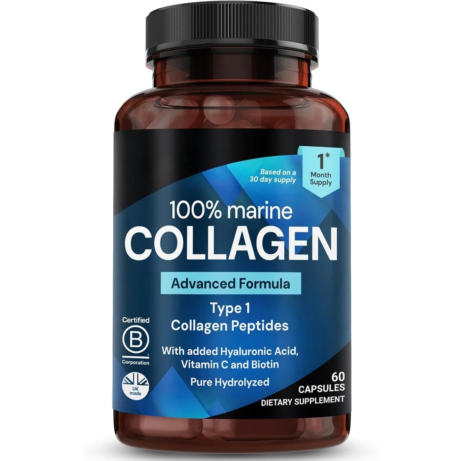 Marine Collagen Capsules for Women & Men, Type I Peptides with Hyaluronic Acid, Vitamin C & Biotin, Beauty Glow Nails, 60 Count