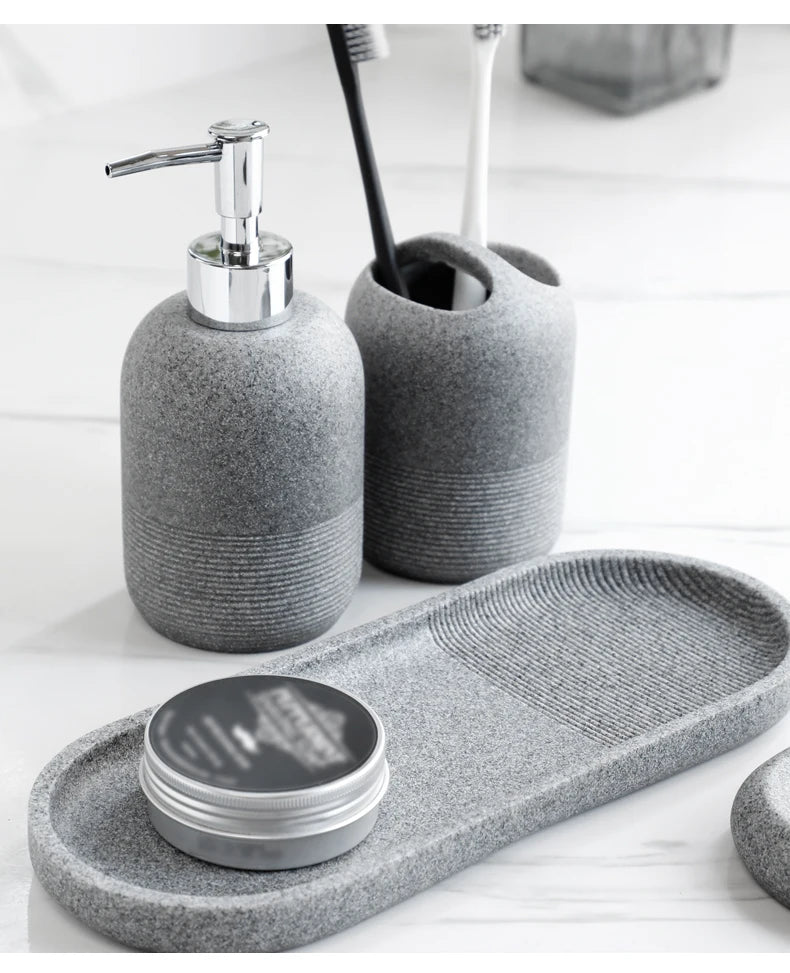 5Pcs athroom Accessories set  Lotion Dispenser Toothbrush Holder Tray Tumbler Cup Soap Dish Beige and Grey
