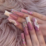 24Pcs Long Square Press on Nails Leopard Print French 3D Cherry Design False Nail Rhinestone Wearable Full Cover Fake Nails Tips