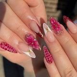 24pcs Wearable Press on Nails Strawberry Bow Design Nails Tips Red Short Almond Pearl Starlight Fake Nail Art Flower False Nails