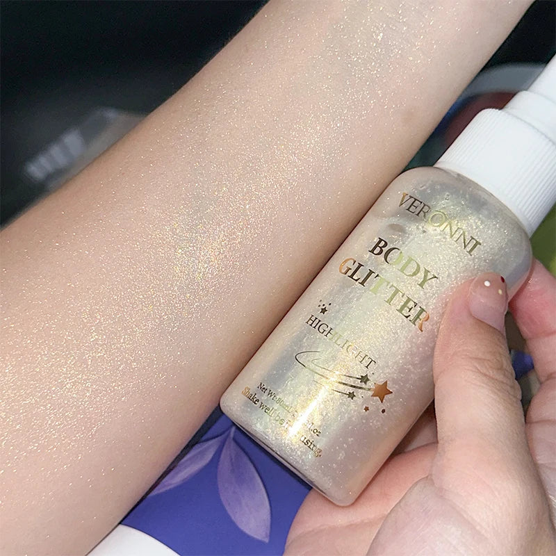 Body Highlighter Spray–Quick-Dry Non-Sticky Shimmer Mist, Fine Glitter for Hair & Skin,Water-Resistant Long-Lasting Summer Glow