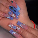 24Pcs Long Square Press on Nails Leopard Print French 3D Cherry Design False Nail Rhinestone Wearable Full Cover Fake Nails Tips