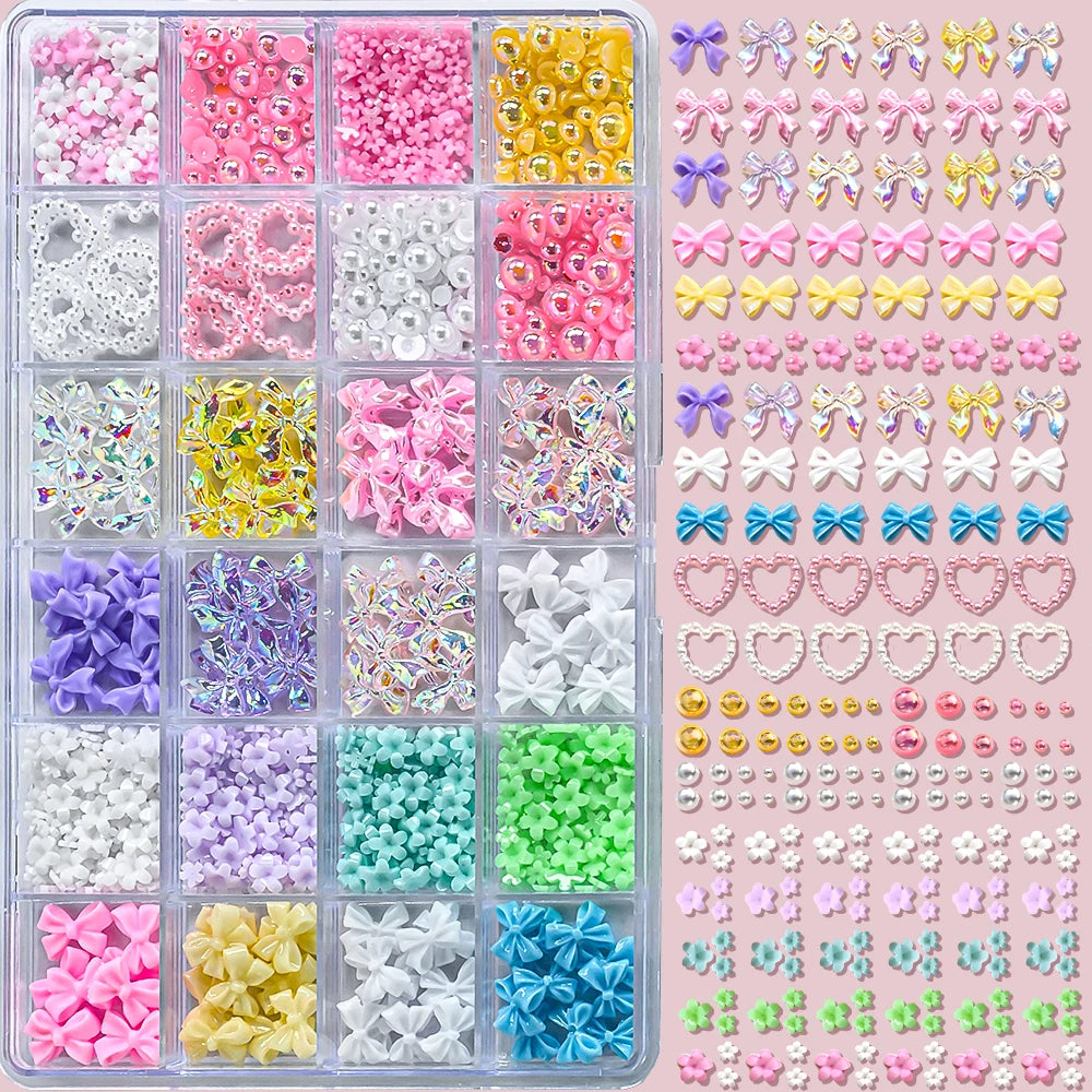 12Grid/Box Mixed Resin Bowknot Nail Charms 3D Colorful Bow Kawaii Rhinestone Nail Art Decorations DIY Manicure Parts Pen Tweezer
