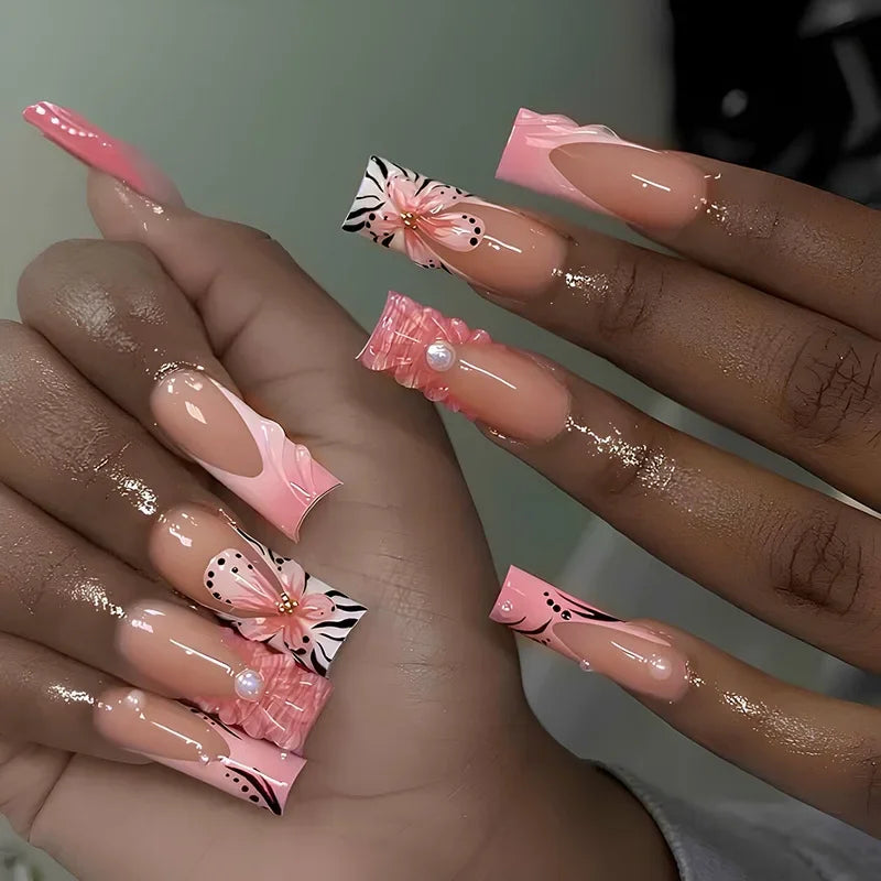 10Pcs Long French Fake Nails with Glue Ballet False Nails Butterfly Rhinestone Design Press on Nails Wearable Coffin Nail Tips