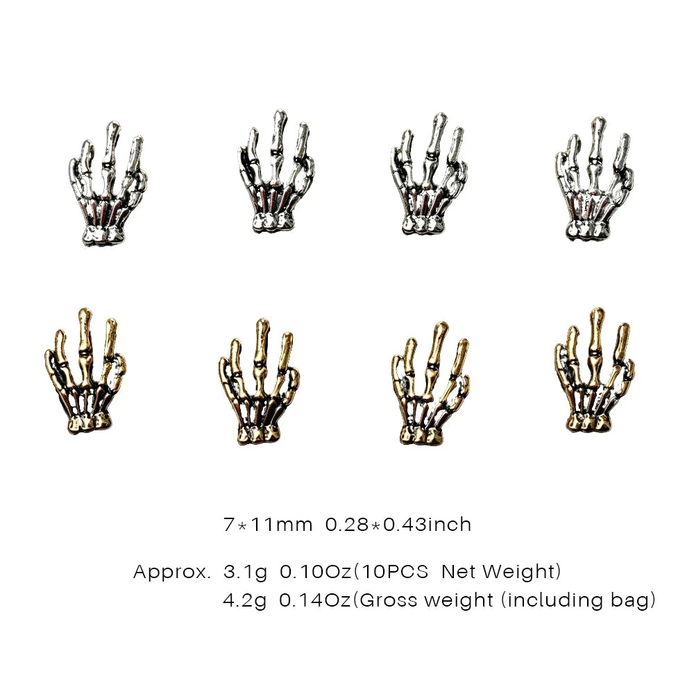 10Pcs Halloween Skull Hand Nail Art Accessories Punk Alloy Skeleton Hands Nail Supplies Retro Gold Silver Halloween Nail Charms