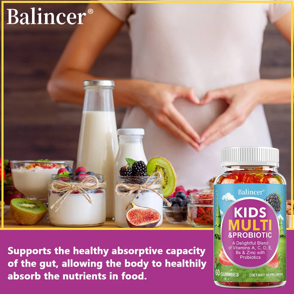 Organic Kids Multivitamin Gummies, with Vitamins A, C, D, E, Zinc, Probiotics, Promotes Digestion and Enhances Immunity