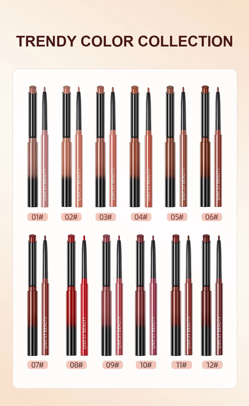 QIBEST 12 Colors Lip Makeup Nude Lipstick Pencil Waterproof Long Lasting Sexy Red Lip Stick Matte Lip Liner Pen Lipstick