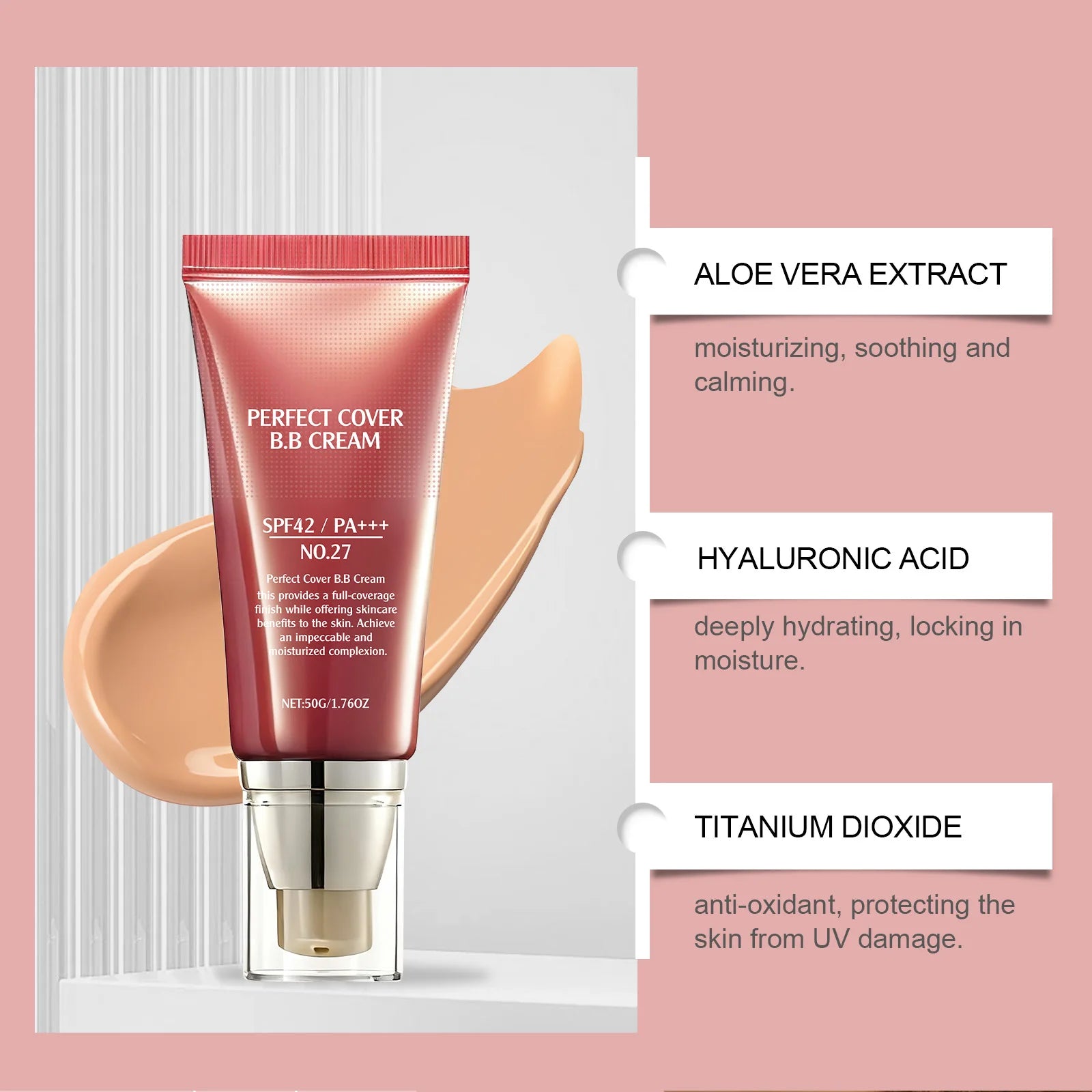 BB Cream SPF 42 PA +++ Tinted Moisturizer for Face Full Coverage Concealer Liquid Foundation Makeup for Dark Circles Fine Lines