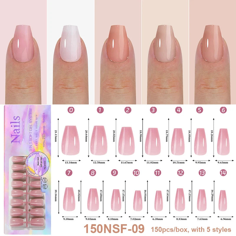 150Pcs/Box Acrylic Press on Nails Full Cover Fake False Tips Soft Gel Extension T-shaped Oval Capsule Almond Sculpted Salon DIY