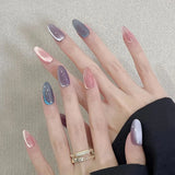 24Pcs Metallic Cat Eye French Sheer Manicure Tip Art Textured 3D Acrylic False Nails Nude Pink Almond Medium Press on Fake Nails