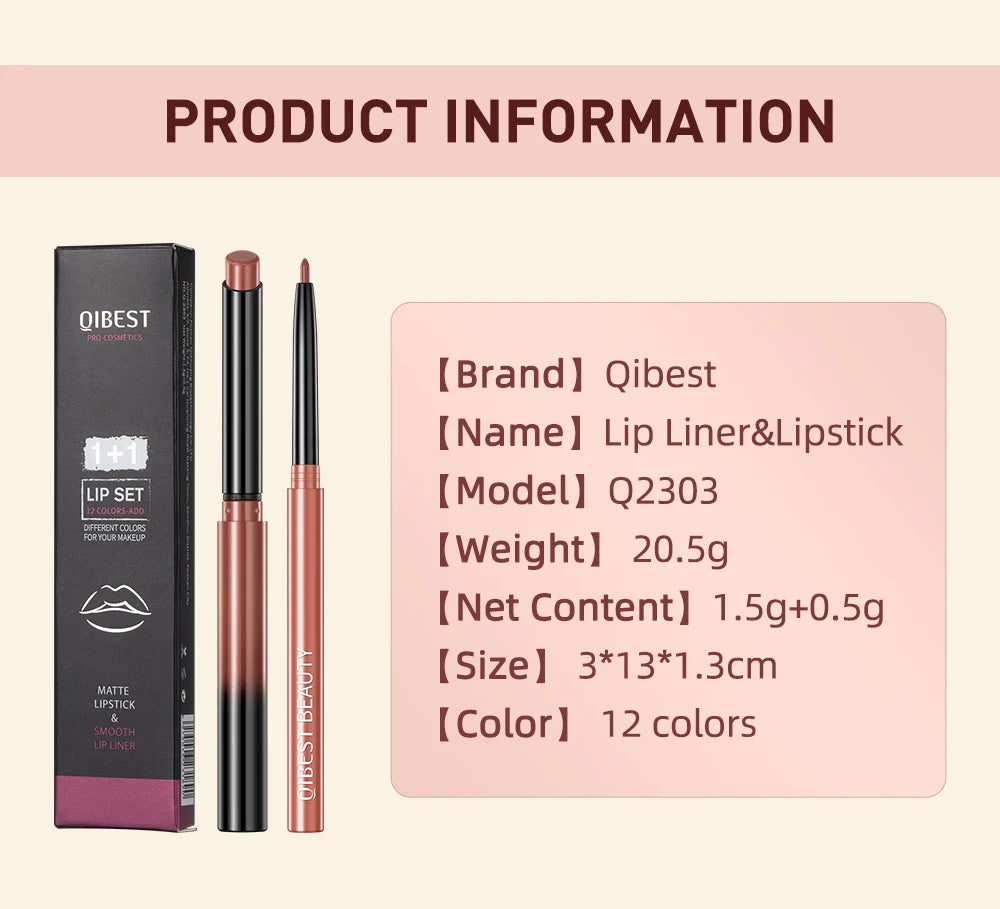 QIBEST 12 Colors Lip Makeup Nude Lipstick Pencil Waterproof Long Lasting Sexy Red Lip Stick Matte Lip Liner Pen Lipstick