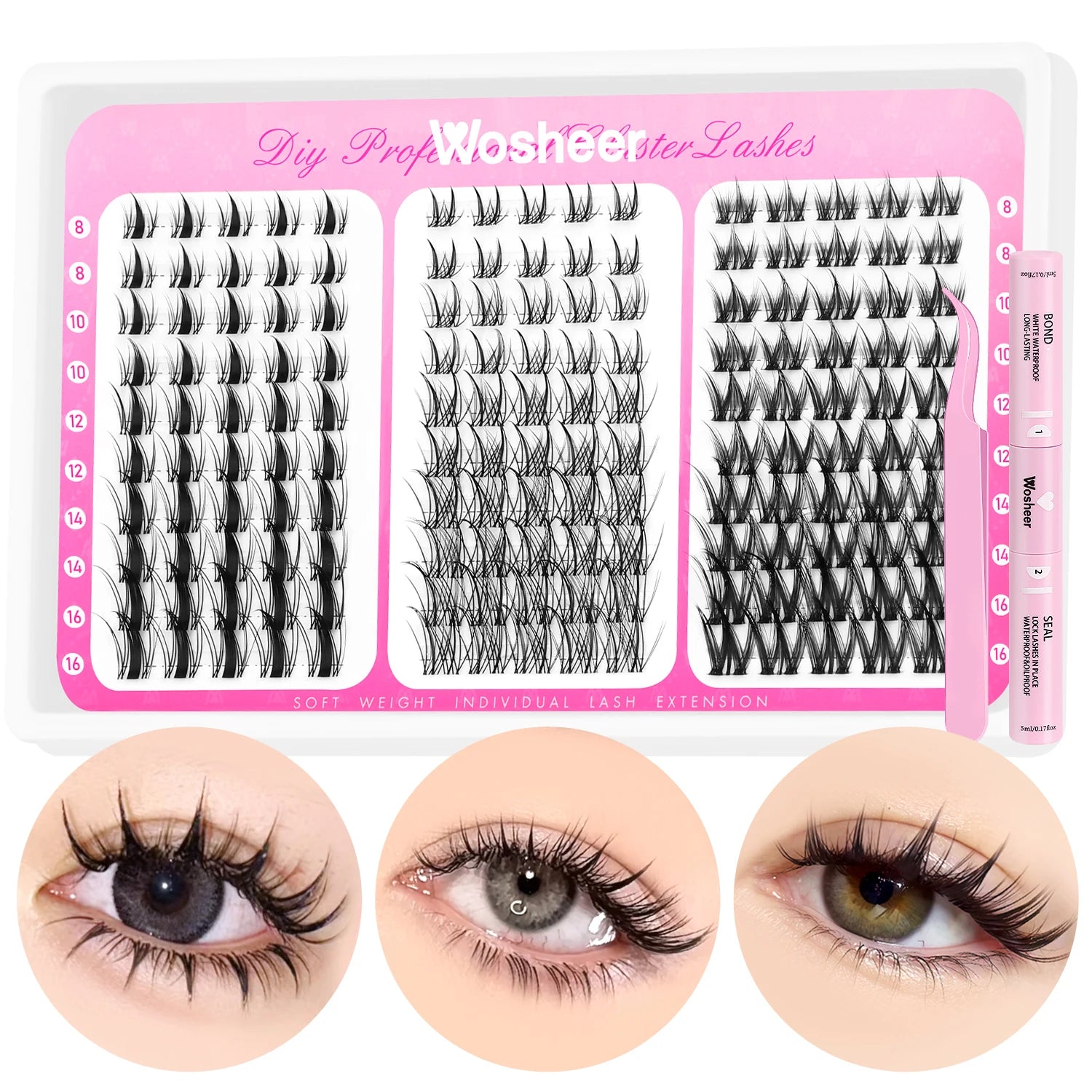WOSHEER Manga Lash Clusters Kit Cat Lashes with Lash Bond & Seal Cluster Eyelash Extensions Mixed Tray Eyelash Clusters Kit