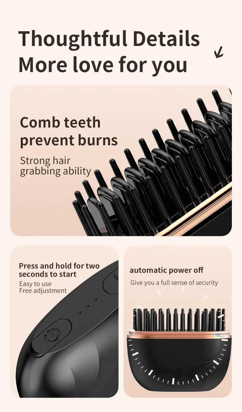 Portable Wireless Straightening Comb Mini USB Rechargeable Hair Straightener Brush Multifunctional Gentle Hair Styling Accessory For Travel Daily Use