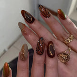 24Pcs Dark Press on Fake Nails with Black Glitter 3D Metallic Designs Sweet Cool Almond False Nails Detachable Nails Spice Girls