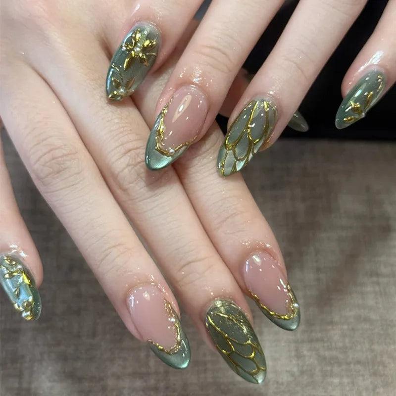 24Pcs Autumn Winter Matte Almond False Nails with Glue Rose Leaf Printing Nail Art Simple Full Cover Press on Acrylic Nails Tips