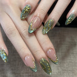 24Pcs Autumn Winter Matte Almond False Nails with Glue Rose Leaf Printing Nail Art Simple Full Cover Press on Acrylic Nails Tips