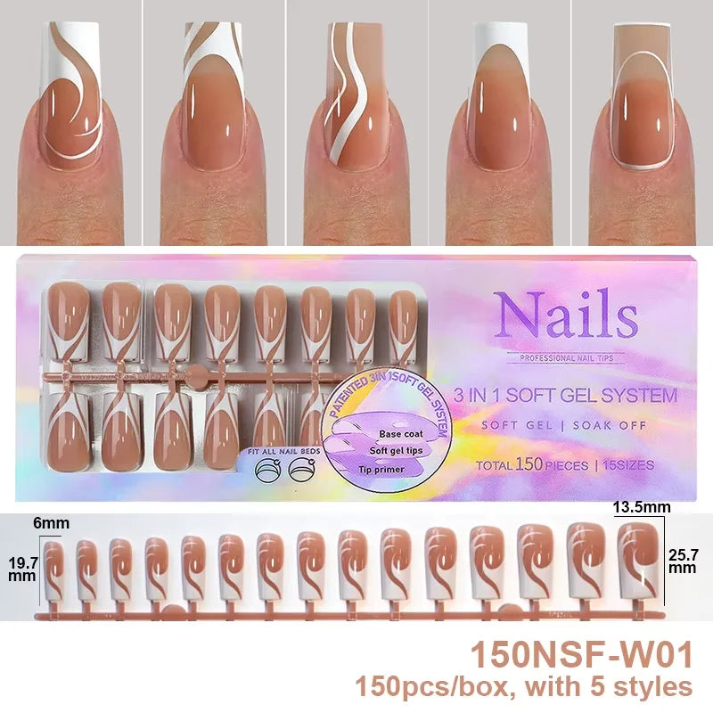 150Pcs/Box Acrylic Press on Nails Full Cover Fake False Tips Soft Gel Extension T-shaped Oval Capsule Almond Sculpted Salon DIY