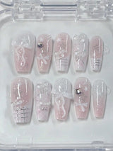 10 Pieces of Trapezoidal Pink Gradient French-Style Handmade Nails, Pink Fresh Bowknot Plaid Stars, Romantic and Cute Removable Wearable Nails, Decorated with 3D Cute Bowknots, Fresh and Cute Y2K Style, Hot-Selling All-Season