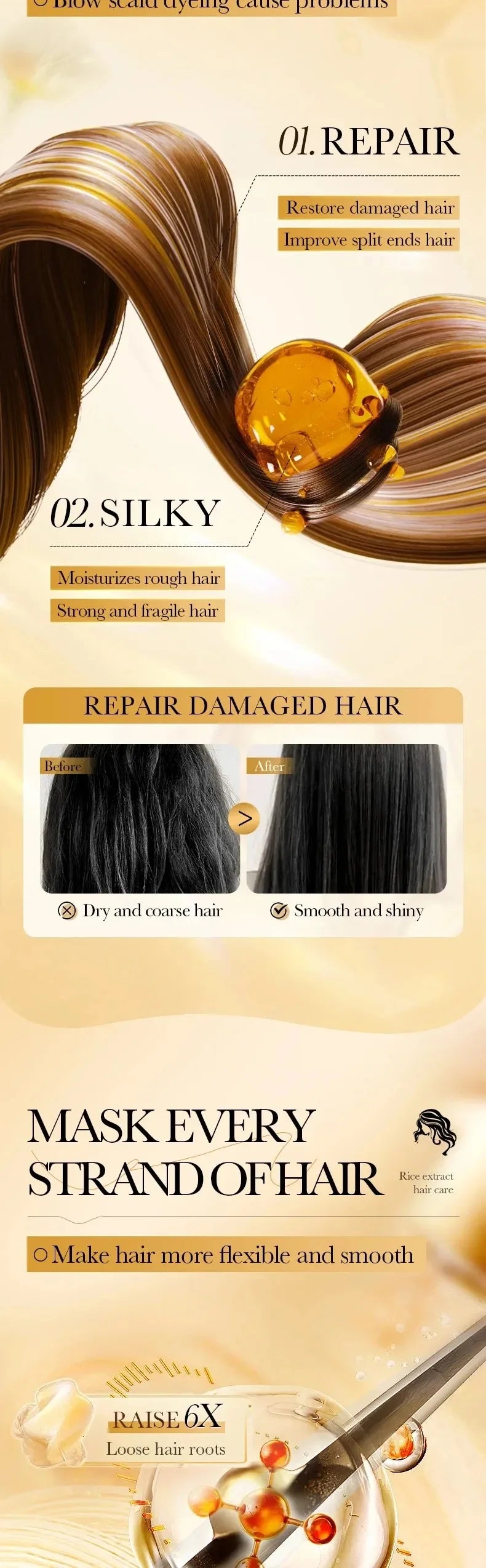 Rice Conditioner Penetrates the Hair Core, Replenishes Hair Nutrients, Repairs Damaged Cuticles, and Improves Dryness, Split Ends, Frizz, and Other Hair Damage Caused by Blow-Drying, Ironing, and Dyeing.
