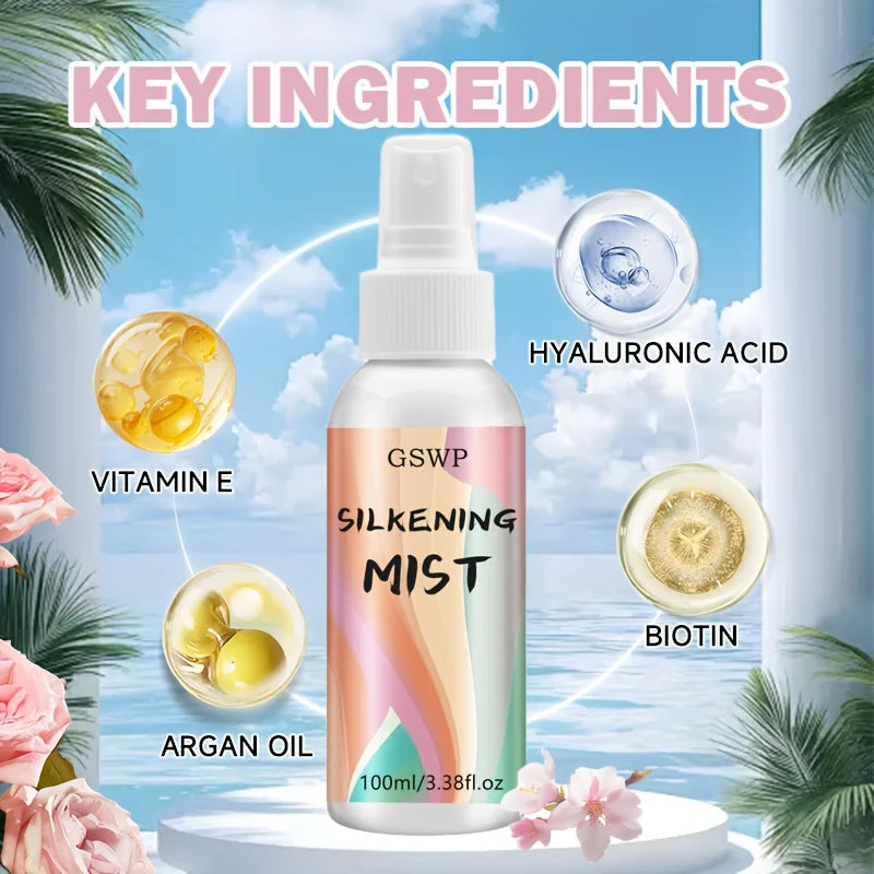 GSWP Silky Hair Spray is a leave-in treatment with heat protection, a pleasant fragrance, and leaves hair smooth and shiny.100ml