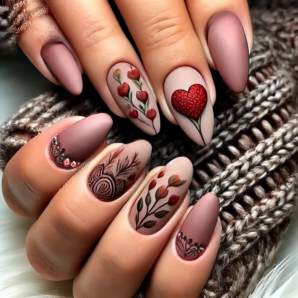 24Pcs Autumn Winter Matte Almond False Nails with Glue Rose Leaf Printing Nail Art Simple Full Cover Press on Acrylic Nails Tips