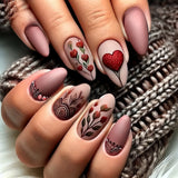 24Pcs Autumn Winter Matte Almond False Nails with Glue Rose Leaf Printing Nail Art Simple Full Cover Press on Acrylic Nails Tips