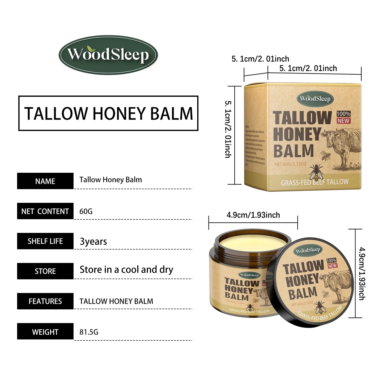 Beef Tallow Honey Balm Moisturizing Hydrating Face Cream Body Lotion Fades Fine Lines Tighten Soothen Brightening Facial Skin