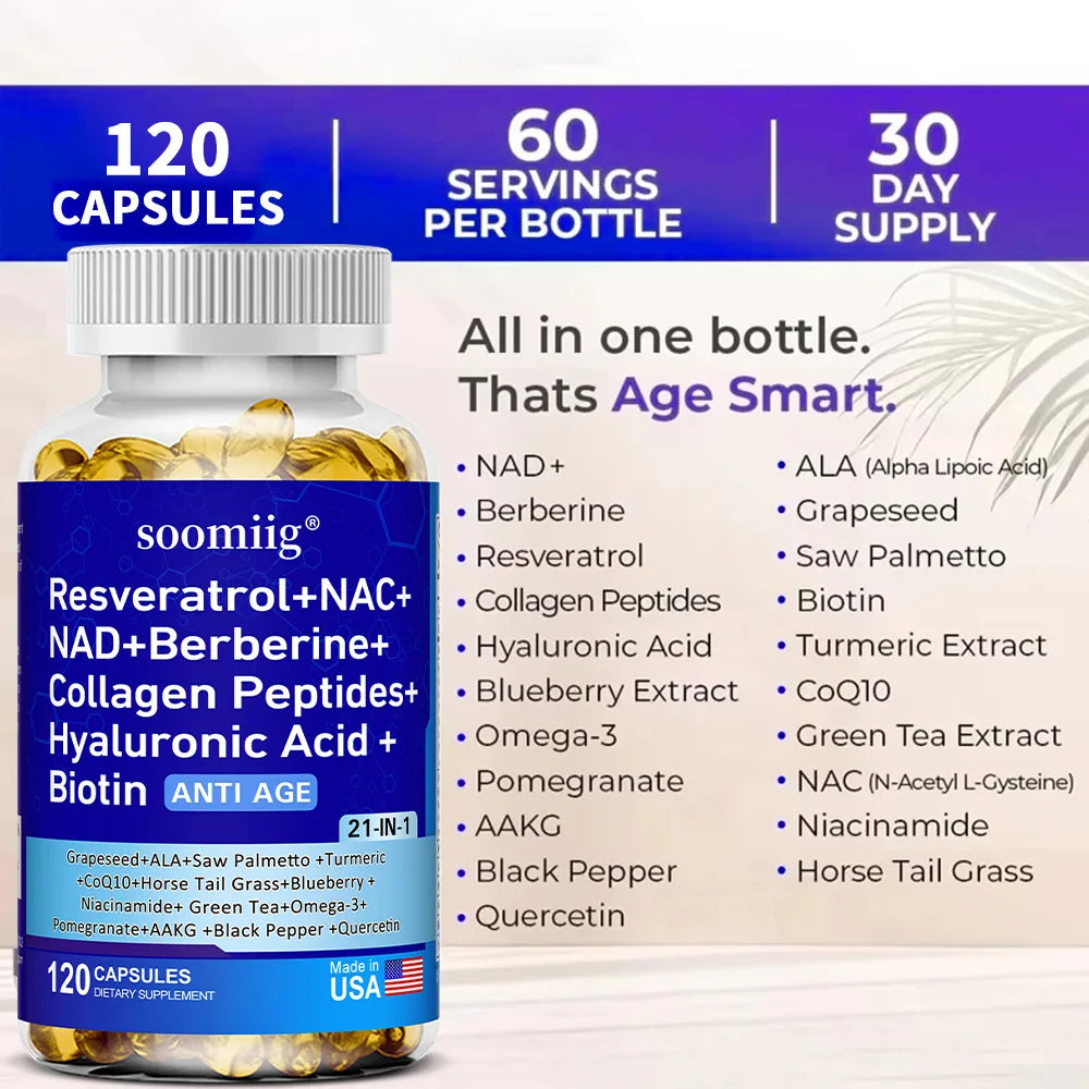 Vitamax 21-in-1 Supplement | NAD+ Resveratrol Collagen Berberine | Supports Hair, Skin, Nails, Joints, Anti-aging, Firming Skin