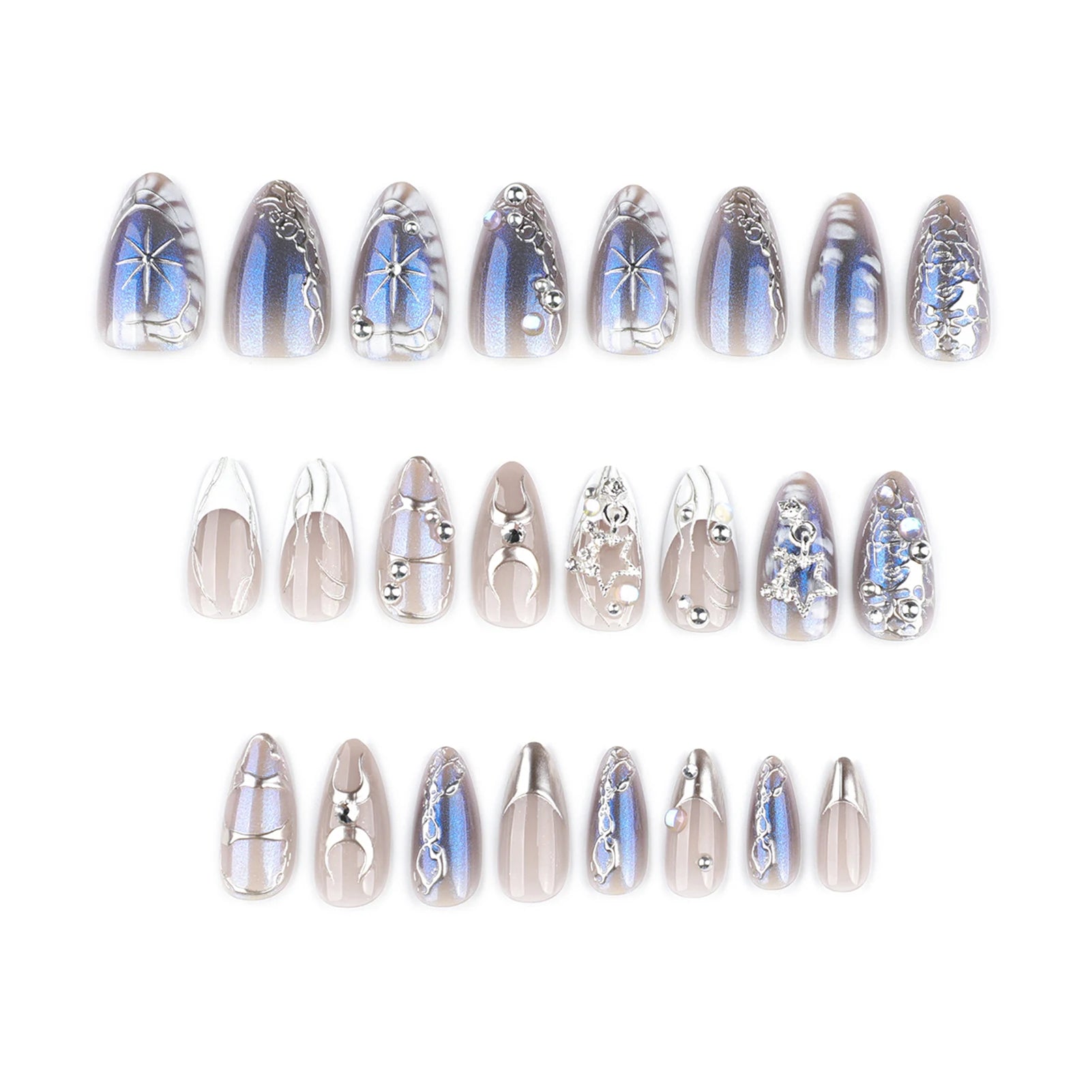 24PCS Long Press On NailsStiletto Black Silver Bowknot Dissymmetry Fake Nails Powder Full Cover Fake Nail Set Nails Art