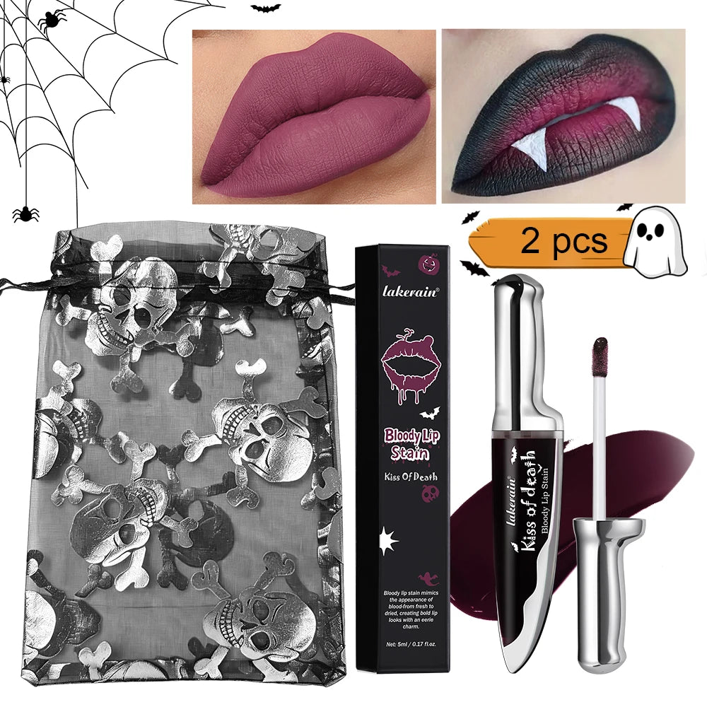2Pcs Matte Bloody Lip Stain Long-Lasting Water-Resistant Liquid Lipstick Gothic Vampire Halloween Party Lip Tint Cosmetics