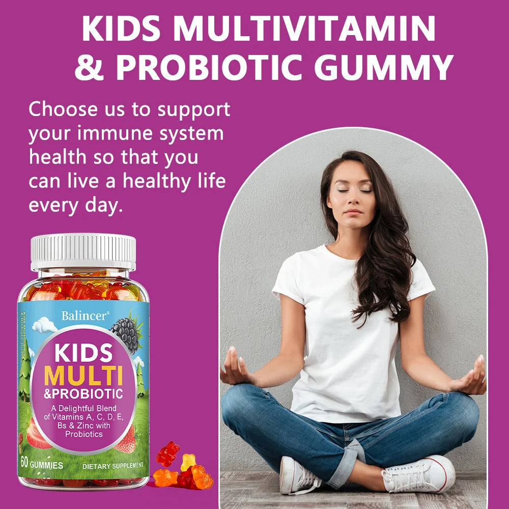 Organic Kids Multivitamin Gummies, with Vitamins A, C, D, E, Zinc, Probiotics, Promotes Digestion and Enhances Immunity