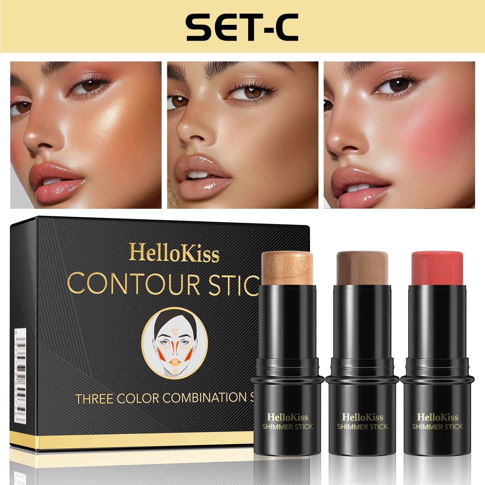 1 Set of 3 Contouring Sticks, Highlighter Stick, Blush Stick, 3-Piece Cream Contouring Set, Create Facial Contours, Non-Greasy