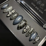 24Pcs Dark Press on Fake Nails with Black Glitter 3D Metallic Designs Sweet Cool Almond False Nails Detachable Nails Spice Girls