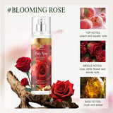 The fragrance spray has a long-lasting, faint floral scent with a fruity note. It is a fragrance body spray without alcohol.