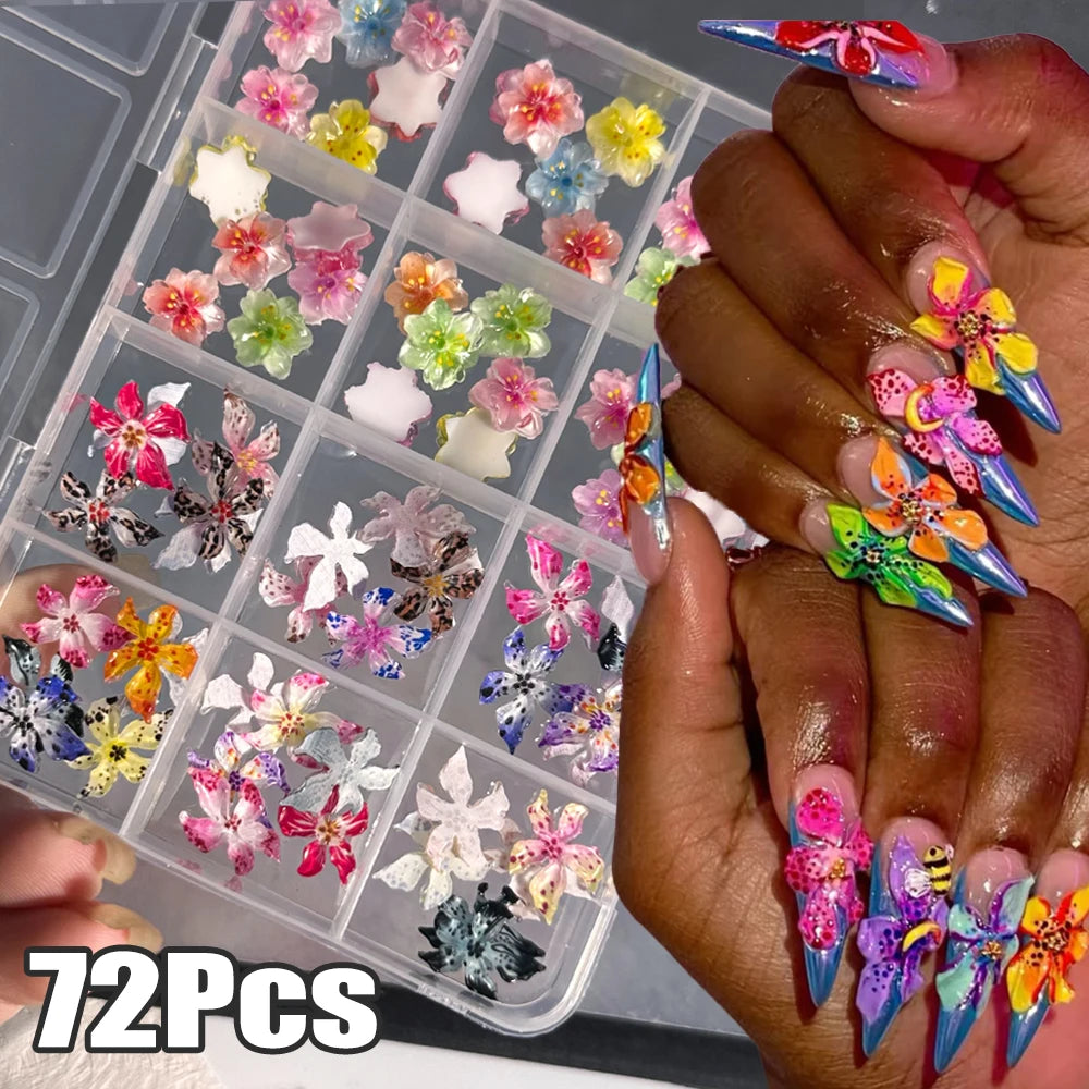 72Pcs 3D Crystal Jelly Soft Spotted Flower Nail Charms Transparent Leopard Lily Hibiscus Hawaiian Floral Nail Decor Nail Supplie