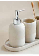 5Pcs athroom Accessories set  Lotion Dispenser Toothbrush Holder Tray Tumbler Cup Soap Dish Beige and Grey
