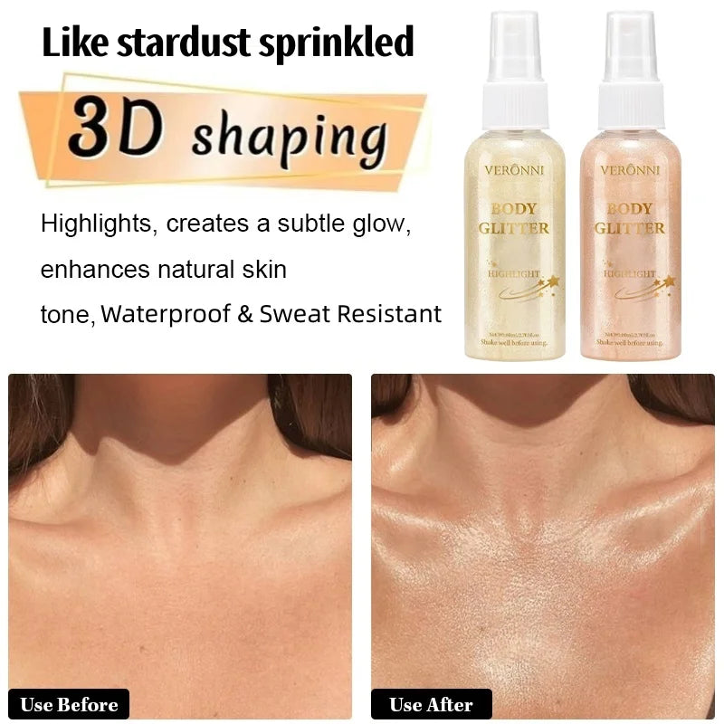 Body Highlighter Spray–Quick-Dry Non-Sticky Shimmer Mist, Fine Glitter for Hair & Skin,Water-Resistant Long-Lasting Summer Glow
