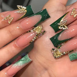 24Pcs Long Square Press on Nails Leopard Print French 3D Cherry Design False Nail Rhinestone Wearable Full Cover Fake Nails Tips