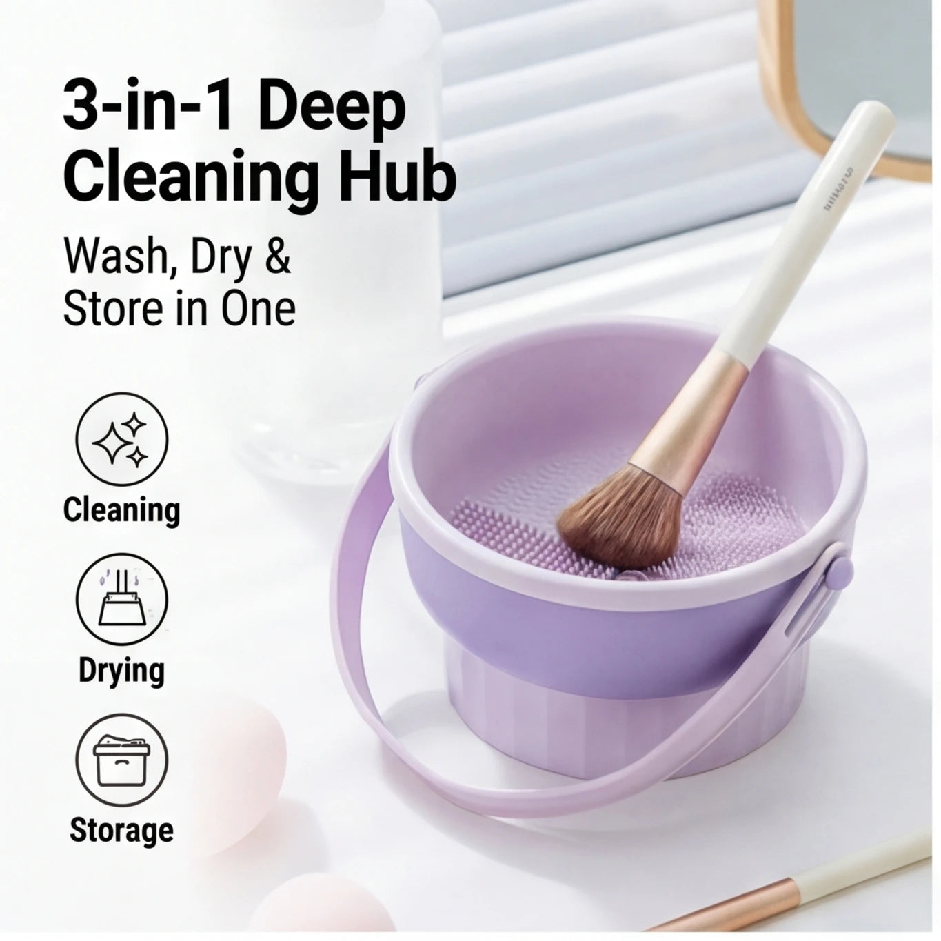 Silicone Makeup Brush Cleaning Bowl, Beauty Egg Tool with Drying Shelf – Storage Set for Powder Puff & Brushes