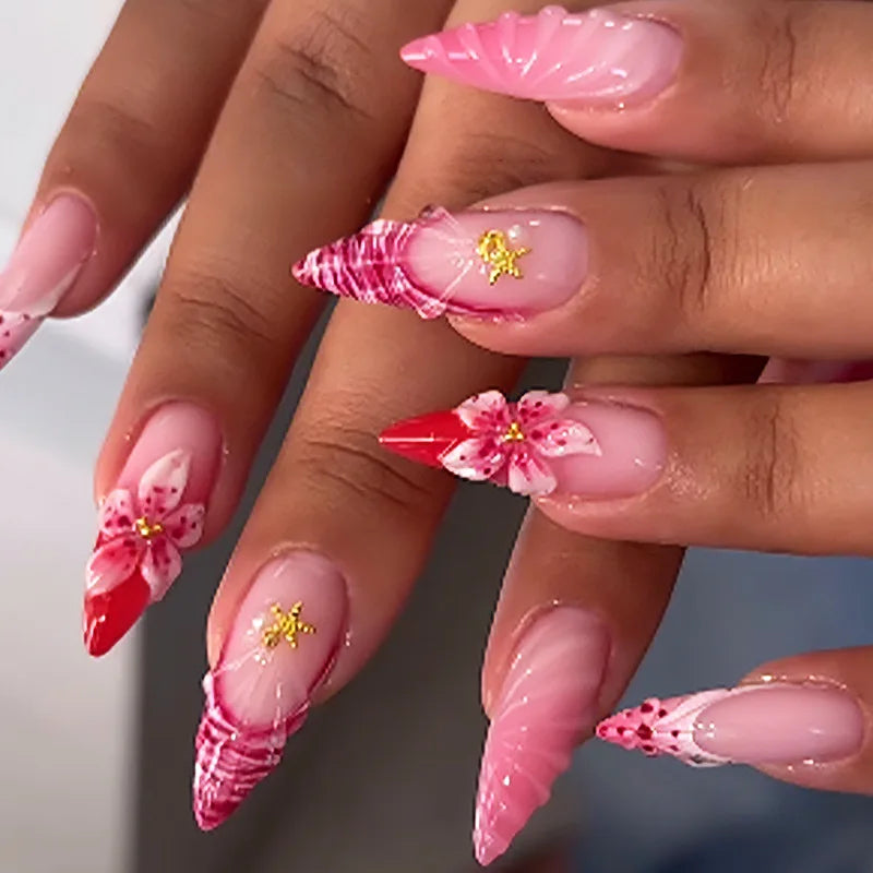 24pcs Wearable Press on Nails Strawberry Bow Design Nails Tips Red Short Almond Pearl Starlight Fake Nail Art Flower False Nails