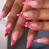24pcs Wearable Press on Nails Strawberry Bow Design Nails Tips Red Short Almond Pearl Starlight Fake Nail Art Flower False Nails