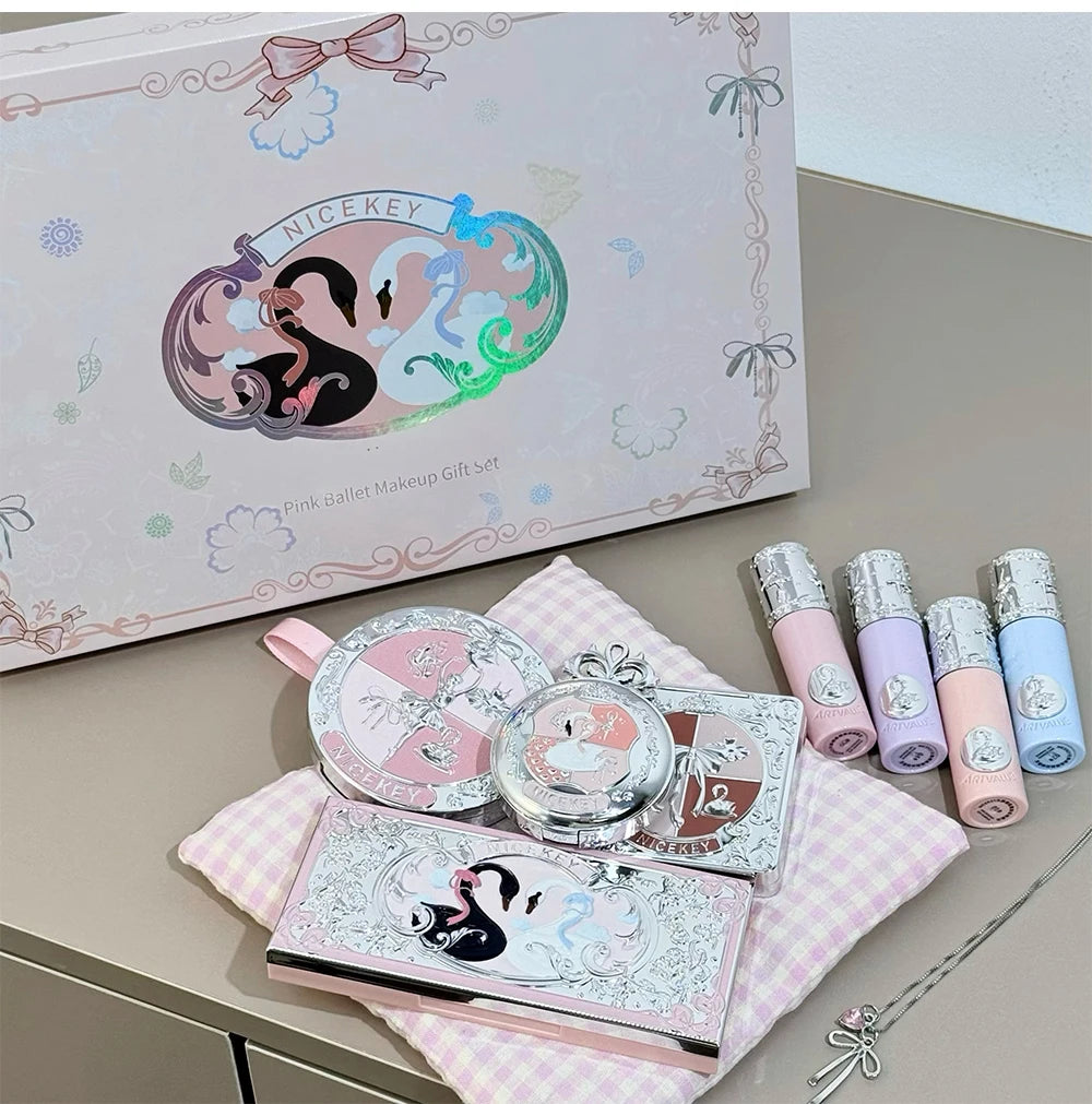 NICEKEY Pink Ballet Makeup Sets Include 4 Lip Mud,1 Blush,1 Pressed Powder,1 Eyes Palette,1 Contour Palette With Necklace Gift