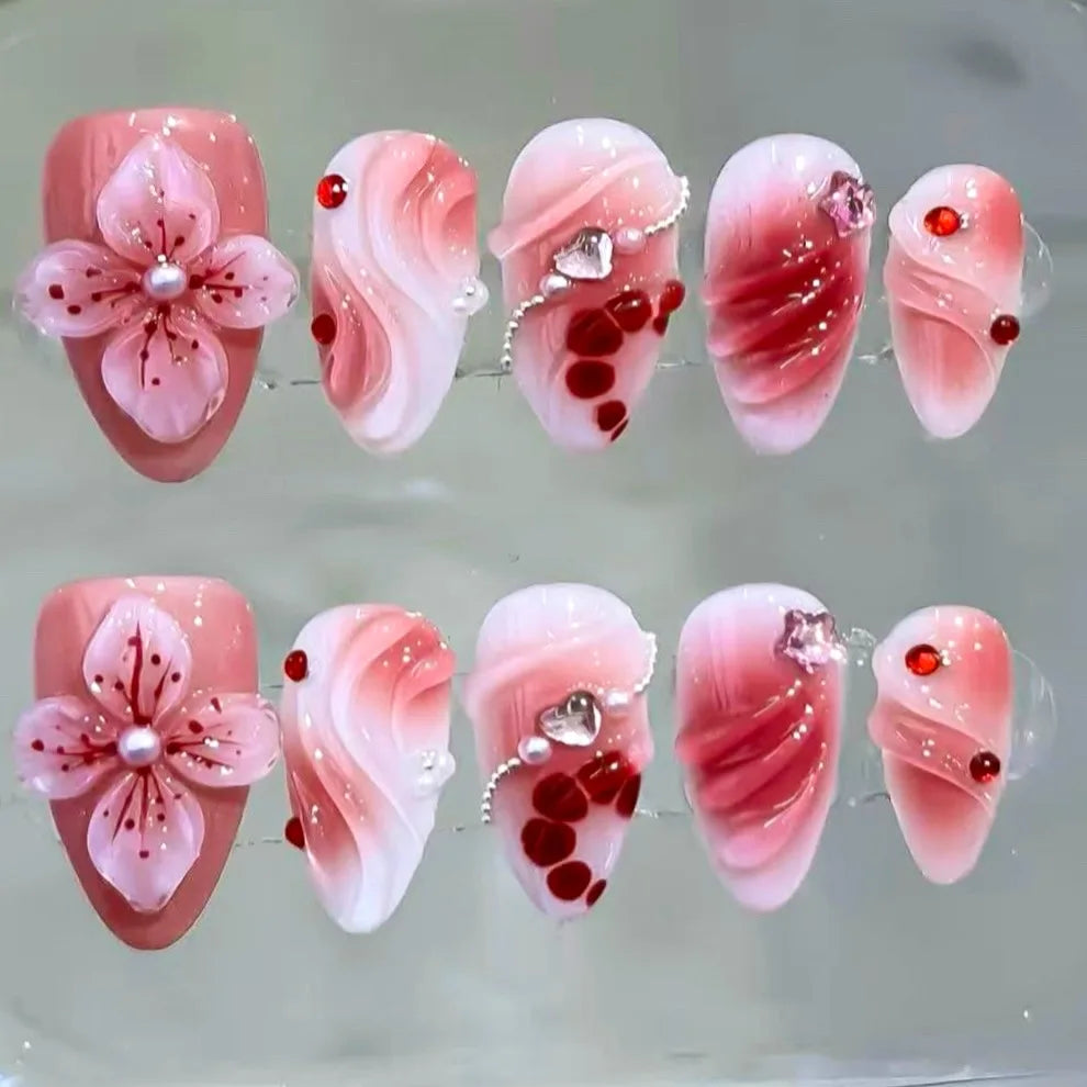 24pcs Wearable Press on Nails Strawberry Bow Design Nails Tips Red Short Almond Pearl Starlight Fake Nail Art Flower False Nails